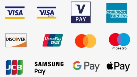 Akzeptierte Zahlungsarten: Visa, V PAY, Mastercard, Maestro, American Express, Discover, UnionPay, JCB, Samsung Pay, Google Pay und Apple Pay